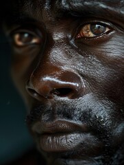 Obraz premium Closeup portrait of African man with dark skin and brown eyes, black male model posing for camera