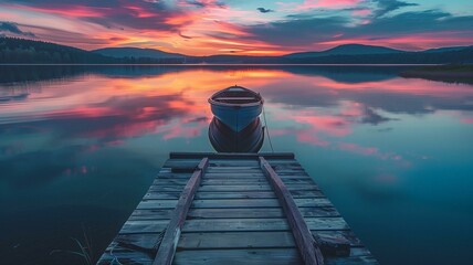 A tranquil lakeside scene at twilight, with a wooden pier stretching out into the still waters,...