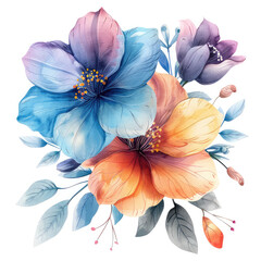 A vivid illustration of a bouquet featuring blue and orange flowers with lush leaves, rendered in a delicate watercolor style, full of life and color.