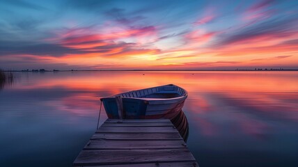 A tranquil lakeside scene at twilight, with a wooden pier stretching out into the still waters,...