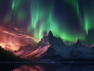 Starry sky with bright Northern lights over mountains at night. Polar landscape with Aurora borealis