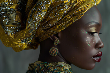 "Portrait of a stunning African woman in traditional attire, exuding pride in her heritage and beauty."