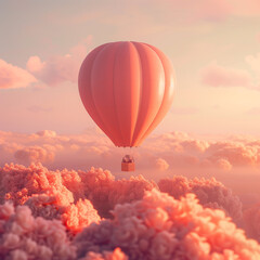 Obraz premium An imaginative scene unfolds as a hot air balloon glides gracefully above cotton candy pink clouds.
