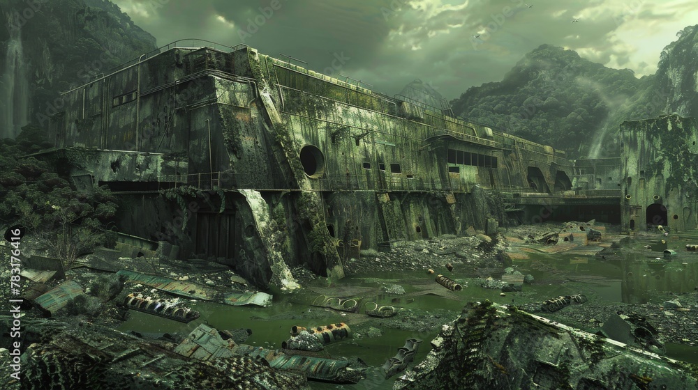 Poster a large, dilapidated building with a green, murky river running through it. the scene is dark and fo