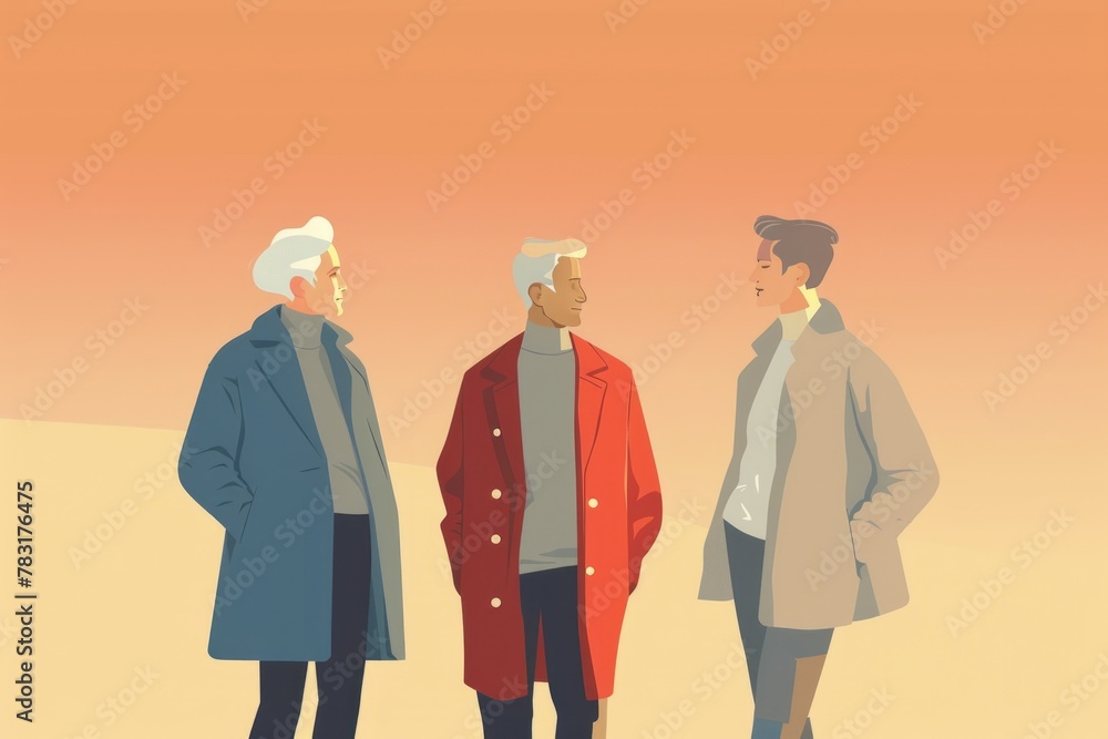 Poster a minimalist flat illustration of three figures the background features a gradient from light orange
