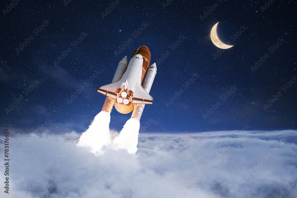 Poster space shuttle rocket successfully takes off through the clouds towards the moon in the starry sky, c