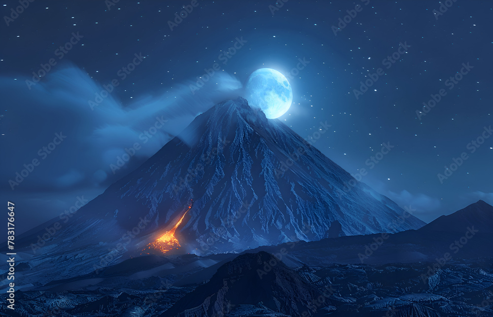 Poster a mountain with a volcano on top and a full moon in the sky. the moon is shining brightly and the mo