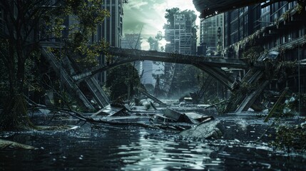Devastated metropolis with collapsed bridges and flooded streets