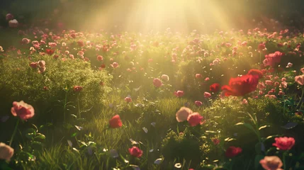 Deurstickers red poppy field © Thaweephorn