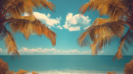 A beautiful beach scene with palm trees and a blue ocean - obrazy, fototapety, plakaty