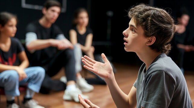 Young actors are acting out a theatrical production on a closed stage, an actor's rehearsal according to the script