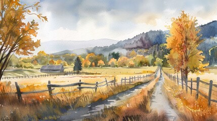 Evocative watercolor landscape capturing the beauty of the countryside in fine art