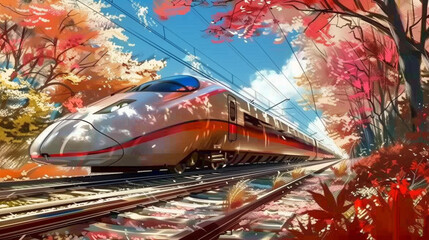 Shinkansen bullet train races through a vibrant Kyoto spring, blossoming cherry trees frame the journey. - obrazy, fototapety, plakaty