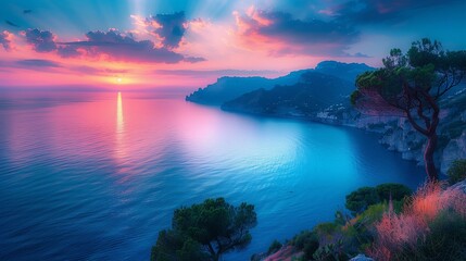 Dreamy Dusk Overlooking the Amalfi Coastline, generative ai - obrazy, fototapety, plakaty