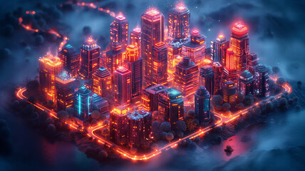 A cityscape with neon lights and a glowing city skyline