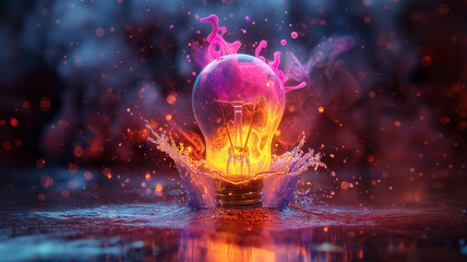 A glowing light bulb is surrounded by water and fire - obrazy, fototapety, plakaty