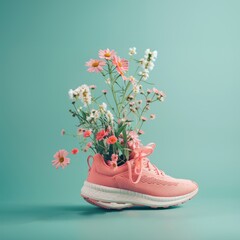 Sports shoes from which spring field flowers are growing.