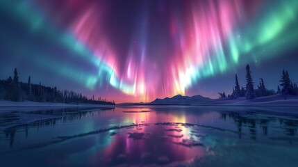 Spectacular Aurora Show above Snowy Landscape, generative ai