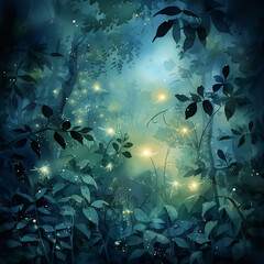 Fototapeta na wymiar Enchanted Night Forest Watercolor, Glowing Fireflies, Magical Woodland Scene