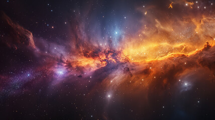 A colorful galaxy with a bright orange cloud in the middle