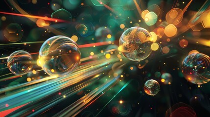 Abstract 3D composition with translucent orbs and light trails - obrazy, fototapety, plakaty