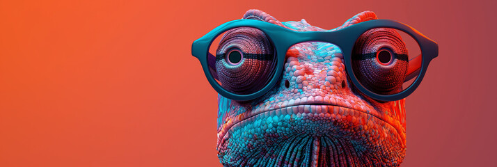A lizard wearing glasses is staring at the camera - obrazy, fototapety, plakaty
