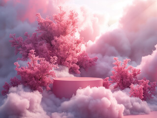 A pink cloud filled with pink trees and a pink pedestal - obrazy, fototapety, plakaty