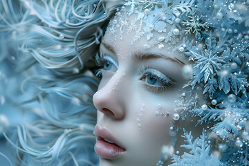 A woman with blue eyes and white hair is wearing a snowflake headpiece. The image is a work of art, with the woman's face and hair being the main focus. Generative AI