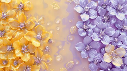 Yellow and lilac flowers in delicate tones. Festive spring composition for a greeting card. Mother's day, love day, wedding day. Top view.