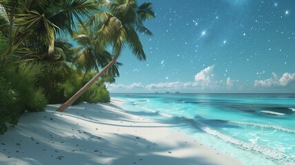 A secluded tropical beach framed by swaying palm trees, with powdery white sand and crystal-clear turquoise waters lapping at the shore under a cloudless sky ablaze with stars. 

 - obrazy, fototapety, plakaty