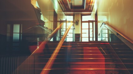 Abstract image of a staircase with mirror reflections, blurring boundaries between spaces