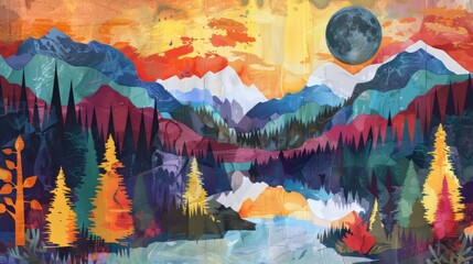 Abstract landscape collage with mountains, rivers, and forests
