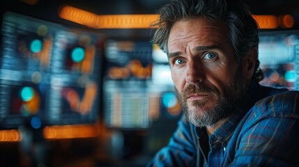 Intense concentration of entrepreneur reviewing stock market data on multiple screens, generative ai