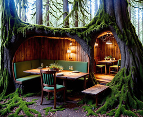 Obraz premium A small wooden cabin nestled in the middle of a dense forest.