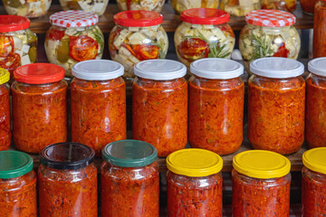 Traditional Ajvar Spread Sweet Bell Peppers Preserved in Glass Jars