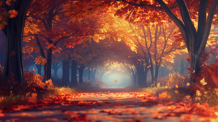 natural view of a path in the forest in autumn. Anime background