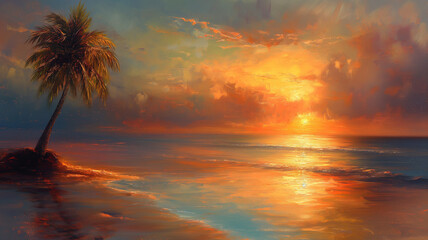 Obraz premium A painting of a beach with a palm tree and a sunset