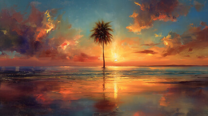 Obraz premium A painting of a palm tree in the ocean with a sunset in the background