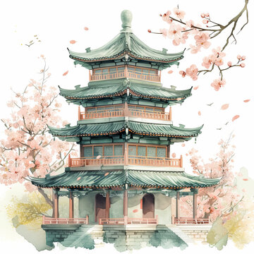 recommend clip art: Cute watercolor pagoda house on white background, spring flowers