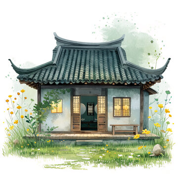 watercolor asian house with flowers clip art preview