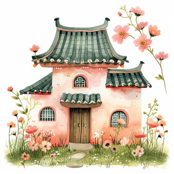 recommend clip art: Cute watercolor pagoda house on white background, spring flowers