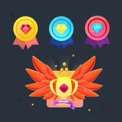 Game UI Set Of Medals Diamonds Glossy Golden First Level Up Reward Coin Different Colors Victory Badge Vector Design