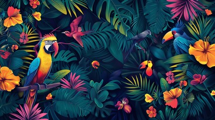 Naklejka premium Bold and vibrant tropical design with exotic birds