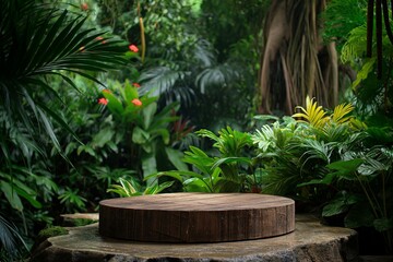 Wooden Platform in a Lush Tropical Forest: A Peaceful Natural Setting for Wellness and Meditation