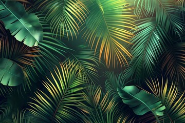 Vibrant Tropical Jungle Leaves in Rich Green and Gold Tones, Ideal for Backgrounds and Wallpapers