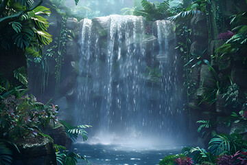 A waterfall in a lush jungle with a misty atmosphere. The water is clear and calm, and the surrounding plants are green and vibrant. Concept of tranquility and natural beauty. Generative AI