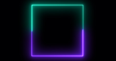 Colorful neon glowing stripes square line frame animation. Square screen box neon frame modern screen show presentation projection 3d rendering element in black. Minimal design border asset clip.