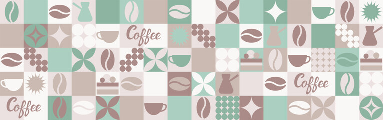 Coffee seamless background for textile and wallpaper with geometric shapes and coffee beans. Fashionable splash template with a cup in brown and green tones. - 783179410
