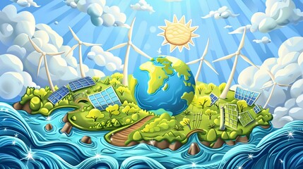 Naklejka premium Cartoon depiction of a happy earth surrounded by wind turbines and solar panels, spreading waves of green energy