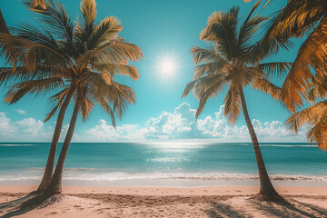 Two palm trees are on a beach with the ocean in the background